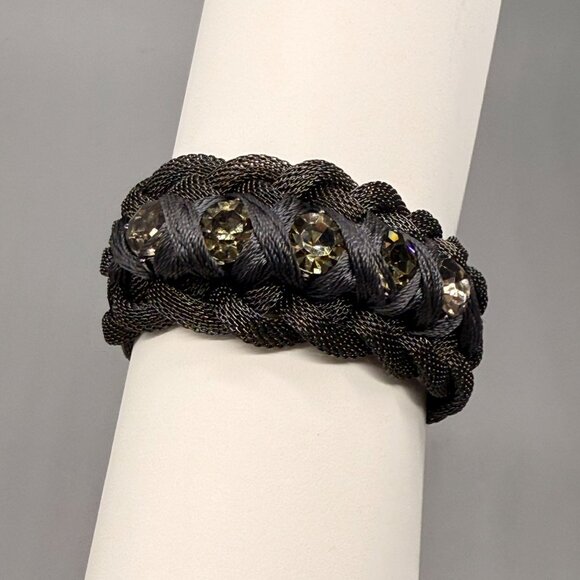 Banana Republic Faceted Crystal Black Mesh Chain Bangle Bracelet Silver Tone - Picture 4 of 6